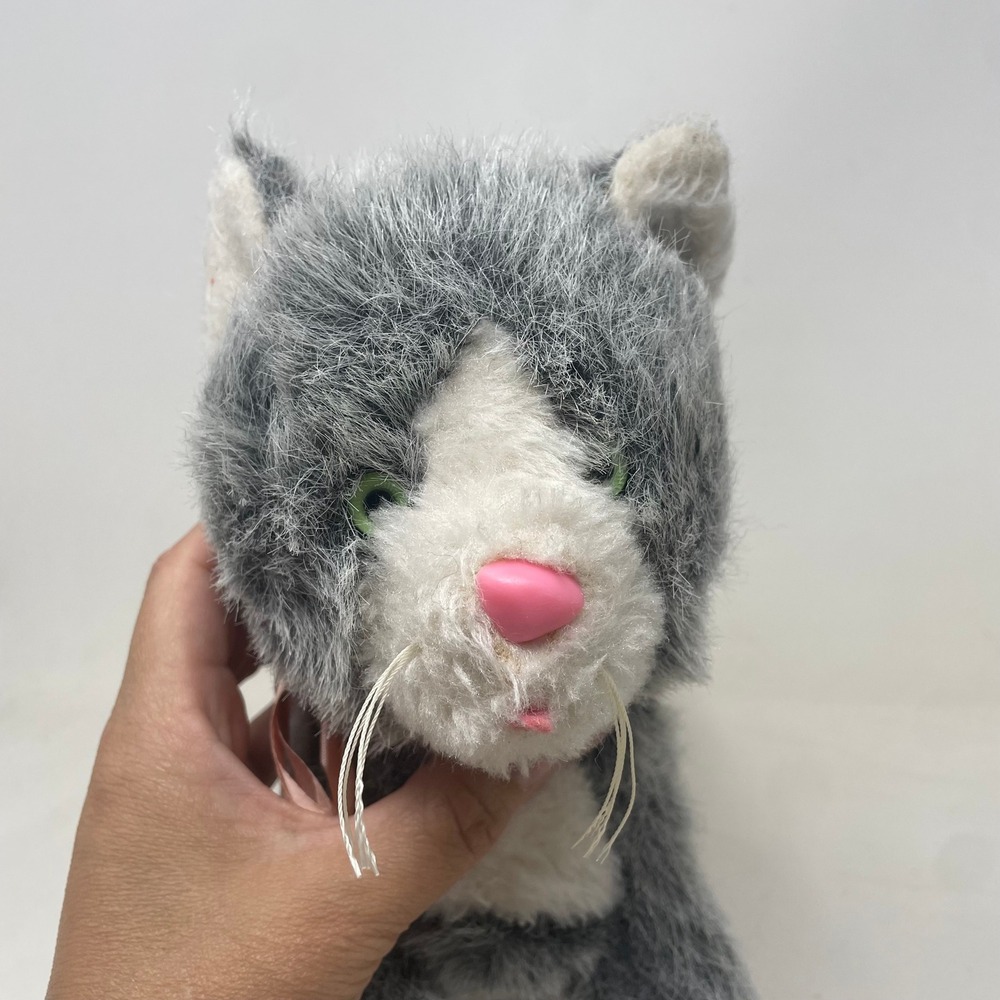 Vintage Grey White Plush Kitten Stuffed Animal Pink Ribbon Green Eyes Standing - Picture 6 of 6